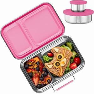 AOHEA Stainless Steel Lunch Box for Kids, Leak Proof Bento Lunch Box BPA Free 304 Stainless Steel Bento Box Stainless Bento Box with Containers for School and Office(Pink)