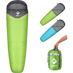 VILLEY Mummy Sleeping Bag, Lightweight Backpacking Sleeping Bag for Adults & Kids, Camping Hiking Equipment for 3-4 Seasons (Green)