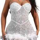 Sexy Feather Rhinestone Backless Mesh Sheer Burlesque Outfit Nightout Clubwear Birthday Party Dress, Size X-Large (White)