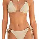 ZAFUL Triangle Bikini Sets for Women Sexy Tie Side Halter String O Ring Textured Two Piece Swimwear Bathing Suit (Medium, 2-beige)