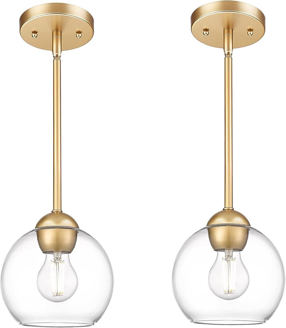 Emak Modern Gold Pendant Light Fixtures, 7 Inch Globe Pendant Lights with Clear Glass, 1 Light Hanging Lights for for Kitchen Island, Bathroom, Dining Room, Bedroom, Hallway, 2 Pack, PL119-GD-2PK