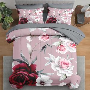 Comforter Set Queen Size, Rose Flower Leaves 7 Pcs Bedding for Kids and Adults, Painting Vintage Bed Sheet Sets with Fitted Sheet 2 Pillowcases & 2 Shams for Bedroom Bed Decor