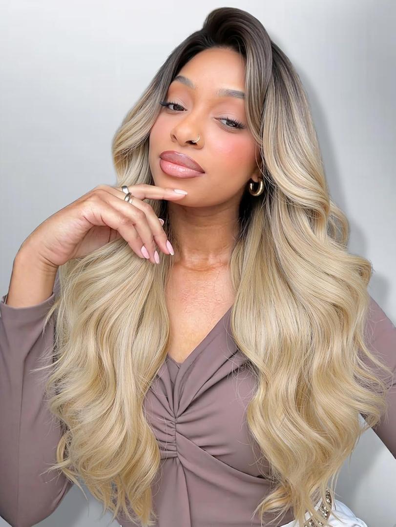 HANNE 13 * 6 Lace Front Wigs for Black Women 29 Inch Synthetic Pre Plucked Wavy Filp Curl Futura Fiber Glueless Blonde Wigs HD lace frontal Wig Hair Replacement Wigs for Every Occasion (Ombre Blonde)