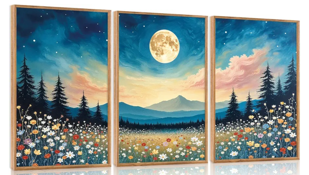 HOURIA Boho Wilderness Sunset Woodland Mountain Framed Canvas Wall Art Set,Vintage Golden Hour Forest Landscape Decor,Natural Modern Pine Tree Botanical Artwork for Living Room,Farmhouse- 16"x24"x3