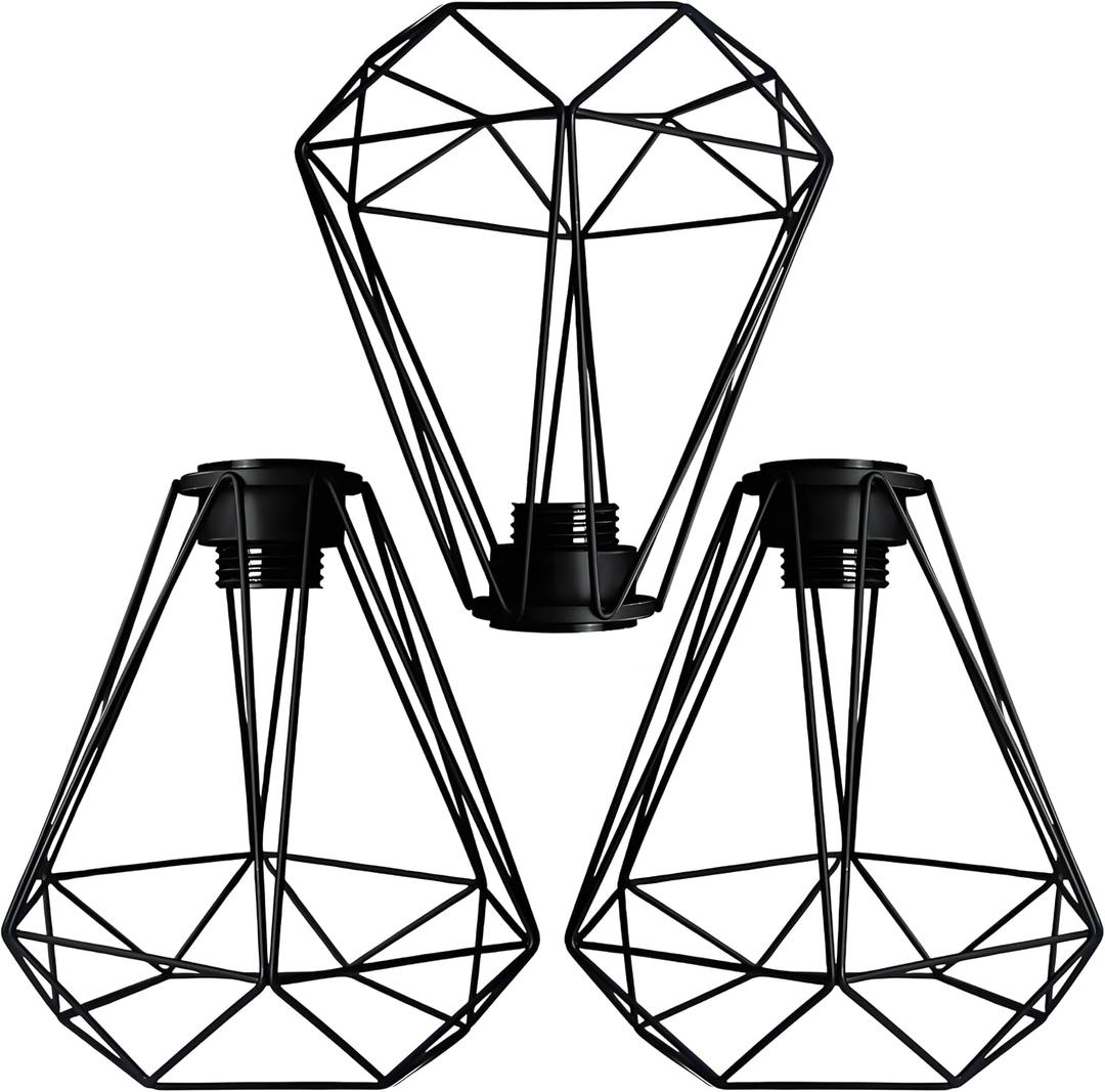 Metal Pendant Lamp Shade Cover, 8 Inch Black Hanging Light Bulb Cage Covers Guard, Industrial Iron Replacement Light Shade, Vintage Light Fixture Covers Decorative Shade Only, 3 Pack, E26