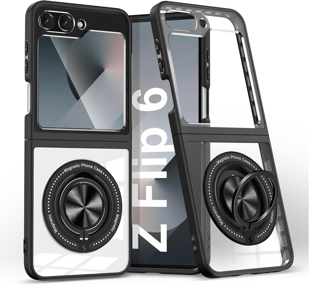 Aukvite Z Flip 6 Case for Samsung Galaxy Z Flip 6, Magnetic Flip Case for Galaxy Z Flip 6, Full Body Protective Cover Case with 360Ring Kickstand Compatible with MagSafe Wireless Charging Black