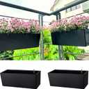 LaLaGreen Deck Railing Planters (14 Inch, 2 Pack) Black Rectangular Window Flower Box with Bracket, Self Watering System Hanging Planter Boxes for Outdoor Plant Pots Container Rail Fence Balcony Herb