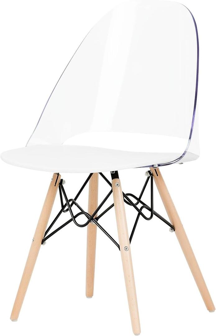 South Shore Annexe Mid-Century Modern Eiffel Office Chair, Wooden Legs, Clear and White 19.5D x 16.25W x 32.5H in