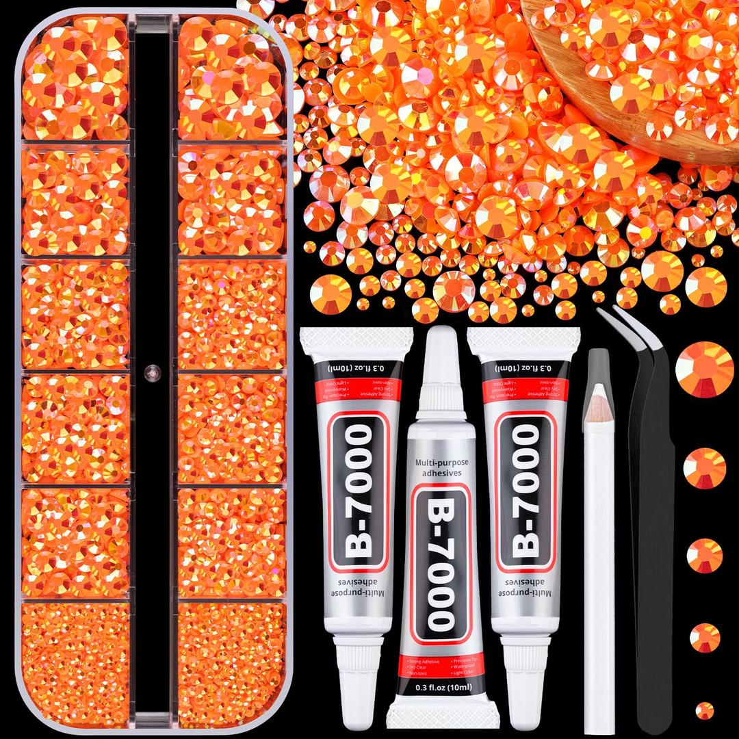 Resin Jelly Rhinestones for Crafting with B7000 Jewelry Glue, 1 Box Orange AB Flatback Crystal with 3Pcs 10ml Glue, Bedazzling Non Hotfix Gems for DIY Tumblers Clothing Shoes Manicure