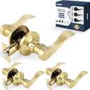Wave Style Door Lever, Brushed Gold Passage Door Handle, 3 Pack Wholesale Keyless Gold Interior Lever Reversible for Left/Right Handed for Hallway and Closet with Satin Brass Finish