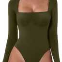 QINSEN Women's Sexy Square Neck Bodysuit Long Sleeve Double Lined Shirt Tops Size M