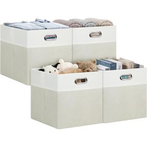 Bellzacasa Storage Cubes, 131313 Linen Fabric Collapsible Storage Bins for Organization, Foldable Storage Baskets Boxes with Handles for Closet, Shelf, Offices, Bookcase,Set of 4 (White&Beige)