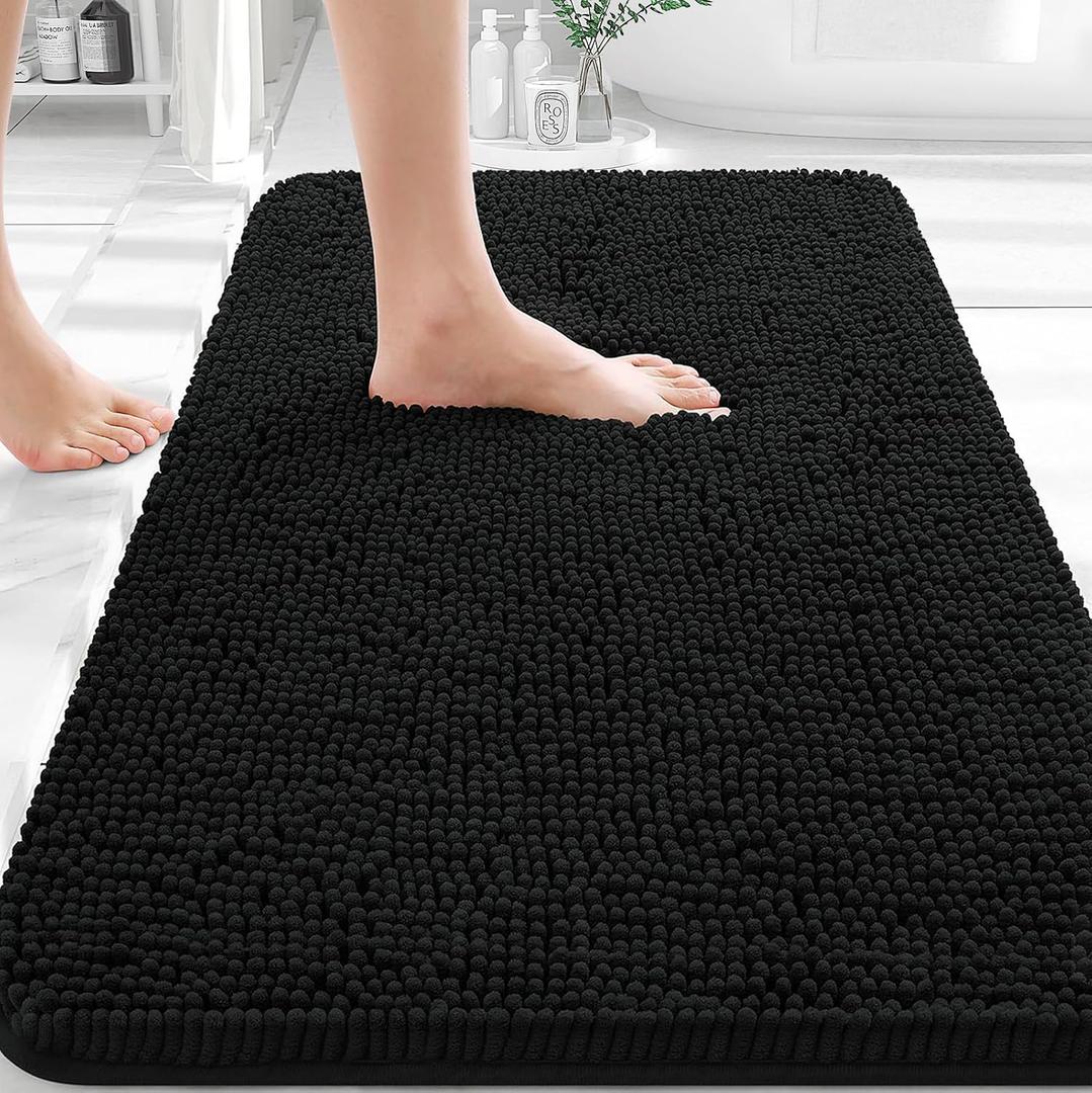 OLANLY Black Bathroom Rug 30x20, Extra Soft Absorbent Chenille Bath Rugs, Rubber Backing Quick Dry, Machine Washable Bath Mats for Bathroom Floor, Tub and Shower, Home Decor Accessories