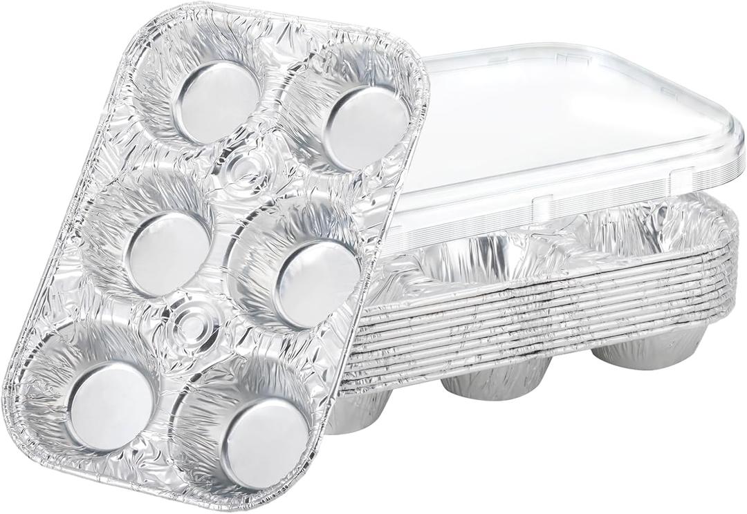 Disposable Muffin Pans with Lids, 10 Pack Aluminum Foil Muffin Pans, Throw Away, with Reinforced Bottom and Smooth Interior, 6-Cup Tin Size for Baking, Ideal for Parties and Holidays