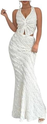 MakeMeChic Women's 2 Piece Skirt Set Outfits Textured V Neck Twist Halter Top and Maxi Skirt Set XL