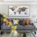 Framed Wall Art World Map Wall Art Canvas Picture24inx48in Large Grey Map of The World Canvas Painting Artwork Prints for Office Wall Decor Home Living Room Decorations Framed Ready to Hang, 60"L x 30"W