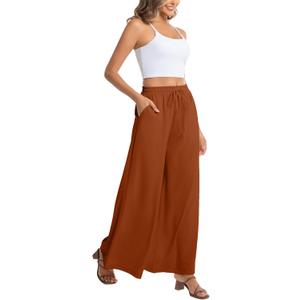 Women's Wide Leg Palazzo Pants - High Waist Flowy Casual Loose Beach Trousers (Brown, S)