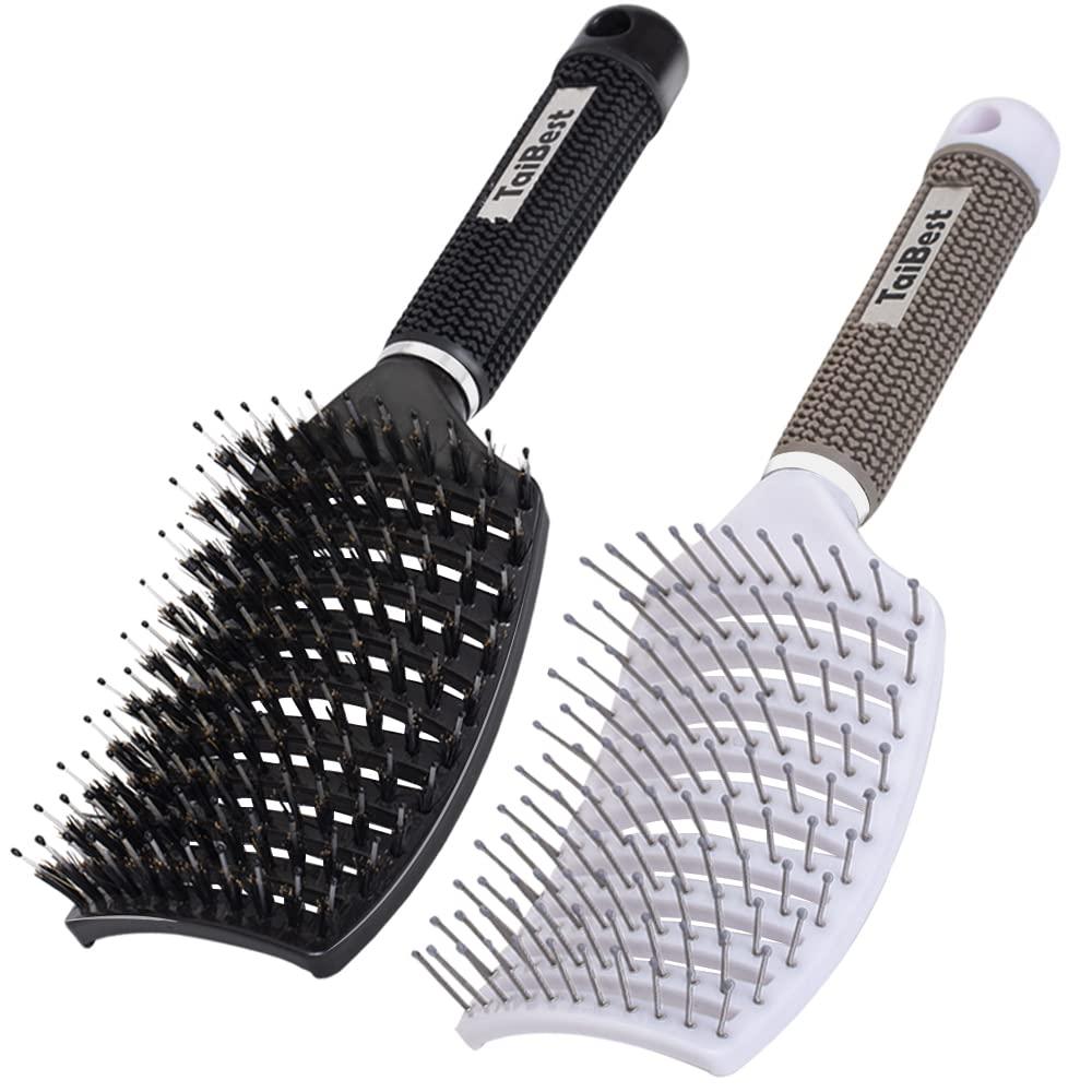 Boar Bristle Hair Brush Set - Dry/Wet Hair Brushes Detangler for Fine, Thick, Curly Hair - Curved and Vented Hair Brush for Women, Men or Kids (Black & White)