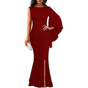 Women's Elegant One Bell Sleeve Side Split Bodycon Long Formal Evening Dress (XX-Large, red)