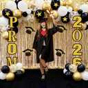 Prom 2026 Party Decorations Set Black and Gold Graduation Party Supplies Prom 2026 Backdrop Signs Balloon Tinsel Foil Fringe Curtains Carpet for Graduation Decoration