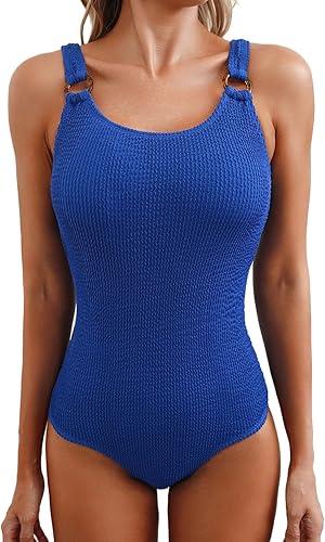 Herseas Women's One Piece Swimsuit Knit Ribbed Padded O Ring Wide Straps One-Piece Bathing Suit 2025 Beach Outfits Blue Small