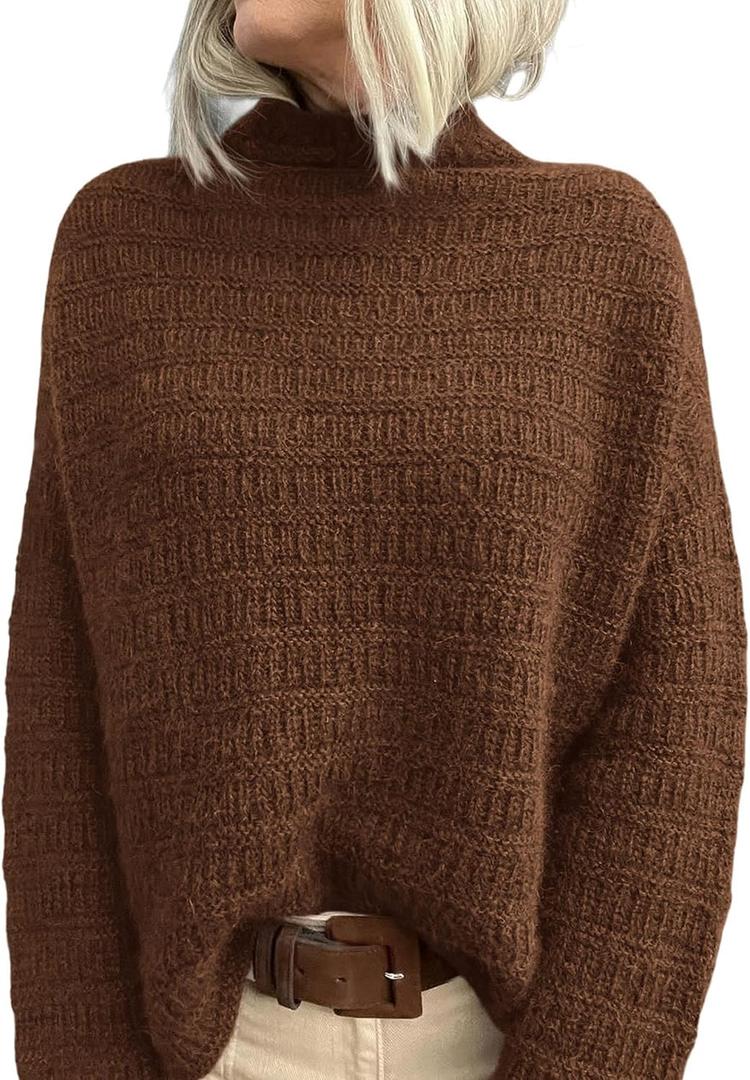 PRETTYGARDEN Womens Mock Neck Oversized Sweaters 2026 Long Sleeve Pullover Fall Sweater Knit Jumper Tops Winter Clothing (Brown, M)