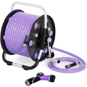 FREEDOM Portable and Wall-Mountable Garden Hose Reel equipped with 5/8' 100ft, Kink-Free Hybrid Hose, Lightweight, Easy Setup. Spray Nozzle and Leader Hose Included