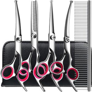 6 in1 Professional Dog Grooming Scissors Kit, Dog Shears for Grooming with Safety Round Tips, Titanium Coated Grooming Scissors for Dogs Cat Pet At Home