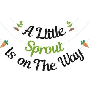 A Little Sprout is on The Way Banner Spring Themed Baby Shower Decorations Gender Reveal Party Decor Sign Black Glitter