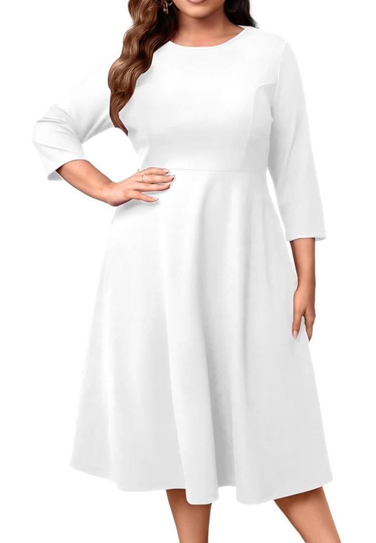 Runwind Women's Plus Size Midi Dress Classy High Waist Wedding Guest Dress Casual Crew Neck 3/4 Sleeve A-Line Swing Dresses. Size XL