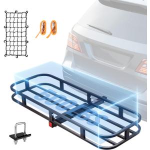 VEVOR 53 x 19 5 in Hitch Cargo Carrier, 500lb Capacity Trailer Mount Basket, Steel Luggage Carrier Rack Fits 2'' Receiver for SUV Truck Pickup with Net, Stabilizer, Straps, Black