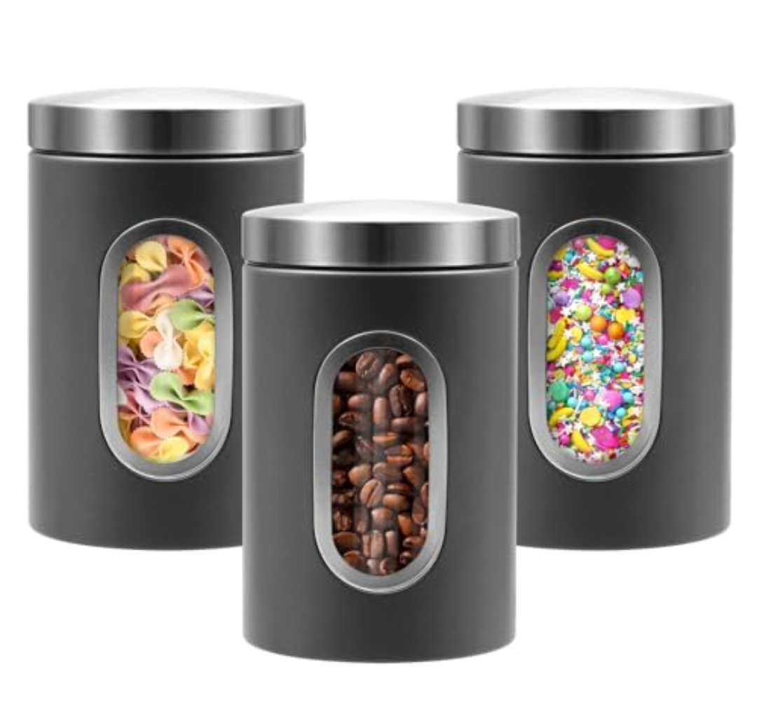 QYQRQF Canisters Sets for the Kitchen, 3pcs Sugar Flour Tea Coffee Storage Jars Stainless Steel Food Container Organizer for Kitchen Counter with Transparent Window (grey)