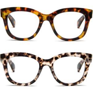 REAVEE 2 Pack Retro Oversized Reading Glasses for Women Men, Blue Light Blocking Computer Readers Stylish Spring Hinge, Magnification Strength: 1.0 x (Leopard, Grey Leopard)