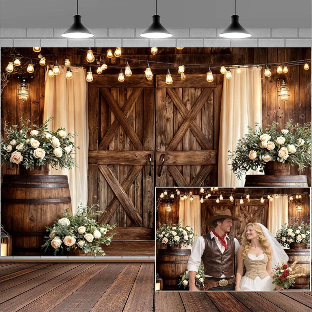 10X8FT Western Country Wedding Backdrop Rustic Barn Door White Flower Bridal Photography Backdrop Farmhouse Shabby Chic Countryside Wedding Party Banner Anniversary Floral Photo Booth Props Background