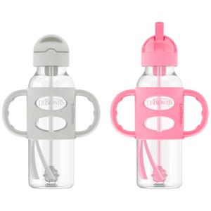 Dr. Brown's Milestones Narrow Sippy Straw Bottle, Spill-Proof with 100% Silicone Handles and Weighted Straw, 8 oz/250 mL, Gray/Pink, 6m+