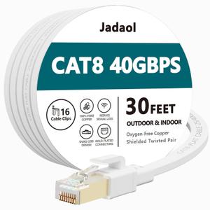 Cat8 Ethernet Cable, Outdoor&Indoor, 30 FT Heavy Duty High Speed Cat 8 LAN Network Cable, 40Gbps 2000MHz RJ45 Flat Internet Computer Patch Cord, Weatherproof S/FTP UV Resistant for Router/Modem/Gaming (White)