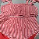 Herseas Women's Tie Shoulder Bikini Sets 2 Piece Striped Swimsuits High Waisted Bathing Suits (Red, M)