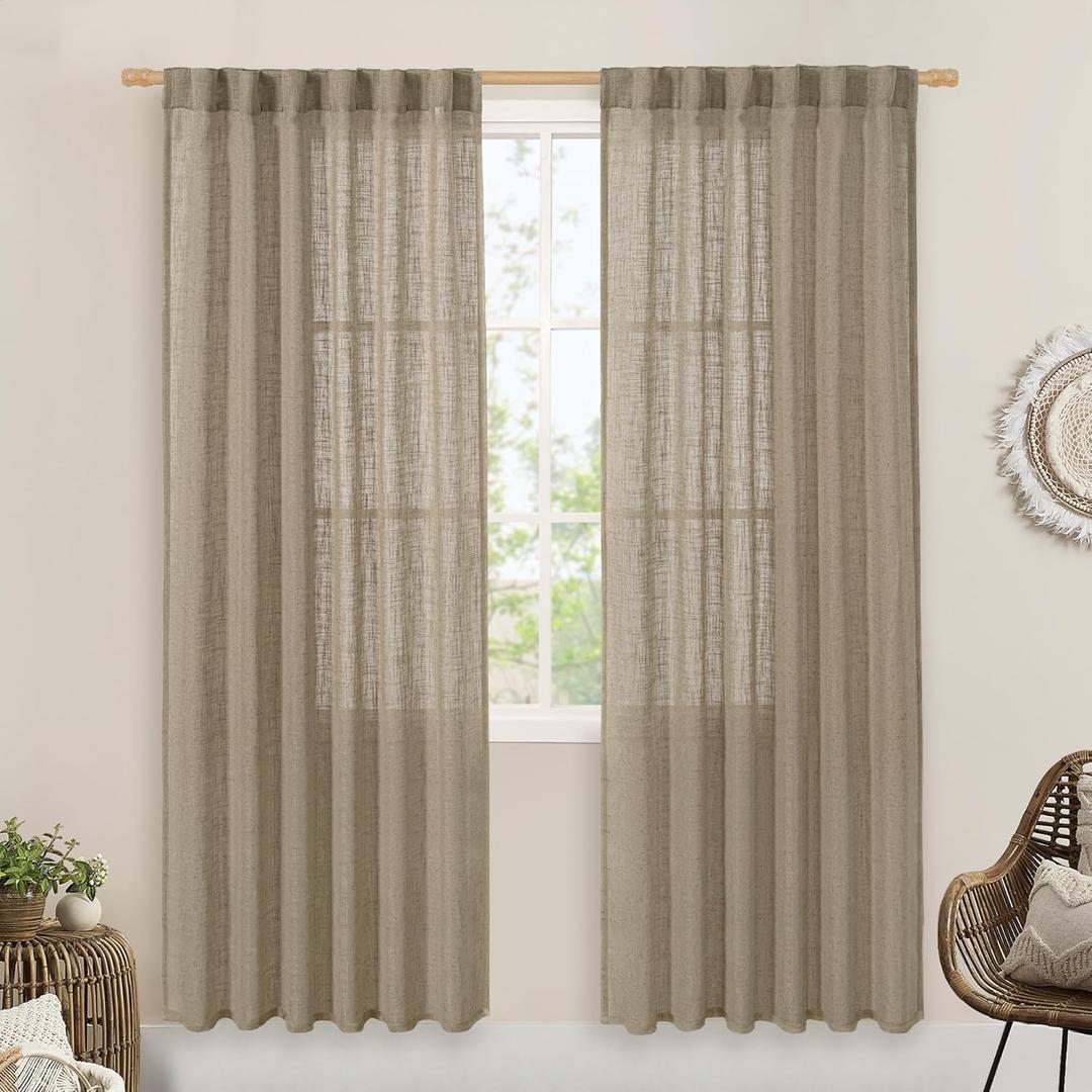 LAMIT Taupe Sheer Linen Curtains, 80 inch Light Filtering Semi Sheer Panels Back Tab and Rod Pocket Farmhouse Rust Drapes for Bedroom/Living Room, 2 Panels, 52 x 80 Inch