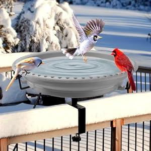Daoeny Heated Bird Bath for Deck Railing, Upgraded 100W Heated Bird Baths for Outdoors Thermostat Control, Heated Bird Bath for Outside Winter Garden Yard Patio Decor (Grey)
