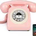 Bluetooth Landline Phone with Handset and Speakerphone, Retro Bluetooth Home Phone, Classic Bluetooth Desk Phone, Cordless Bluetooth Telephone with USB Rechargeable (Pink)