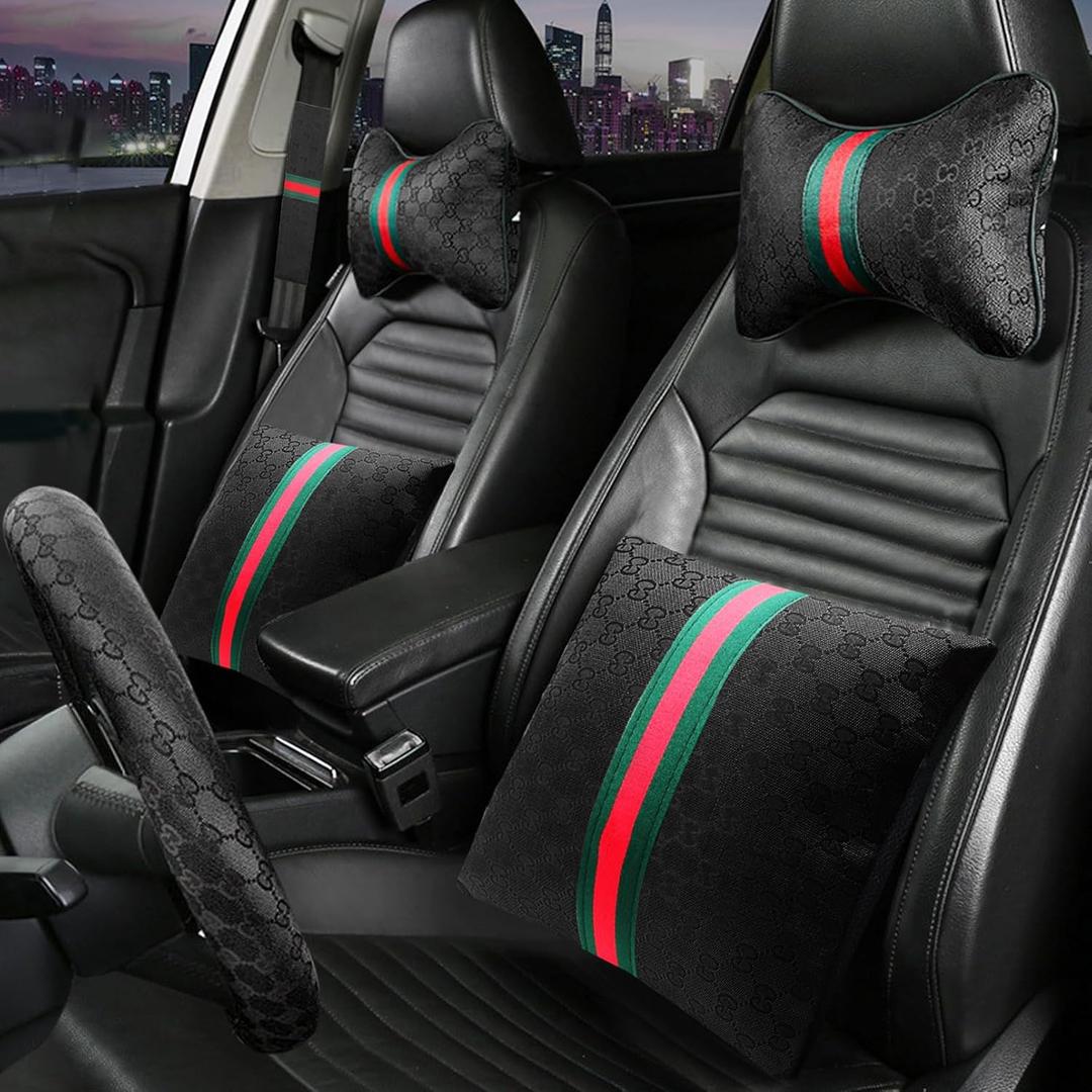 7PCS Steering Wheel Cover Set for Women, Car Accessories with Car Neck Pillows Lumbar Support Pillow and Seat Belt Covers, Universal Fit 14-15.5 inches (Black)