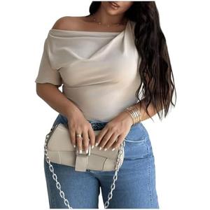 RoseSeek Women's Plus Size Draped Off Shoulder Tee Tops Short Sleeve Slim Fit Knot Asymmetrical T Shirt 2XL RoseSeek Women's Plus Size Draped Off Shoulder Tee Tops Short Sleeve Slim Fit Knot Asymmetrical T Shirt 2XL