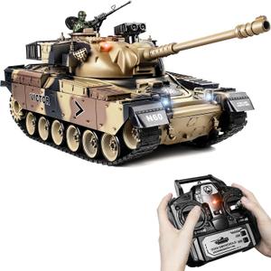 1:18 RC Tank, 2.4Ghz US M60 Remote Control Tank Model Toys, Battle Army Toy with Recoil Smoke, Sound and Lights, Military RC Vehicle for Adults and Kids That Shoots BBS and Water Bombs (Yellow)