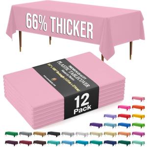 Exquisite 66% Thicker Premium Plastic Table Cloth Rectangle Table Cover 0.5 Mil 12 Pack Pink Table Cloth 54 Inch x 108 Inch Disposable Tablecloth Won't Tear Easily Like Cheap Thin Brands