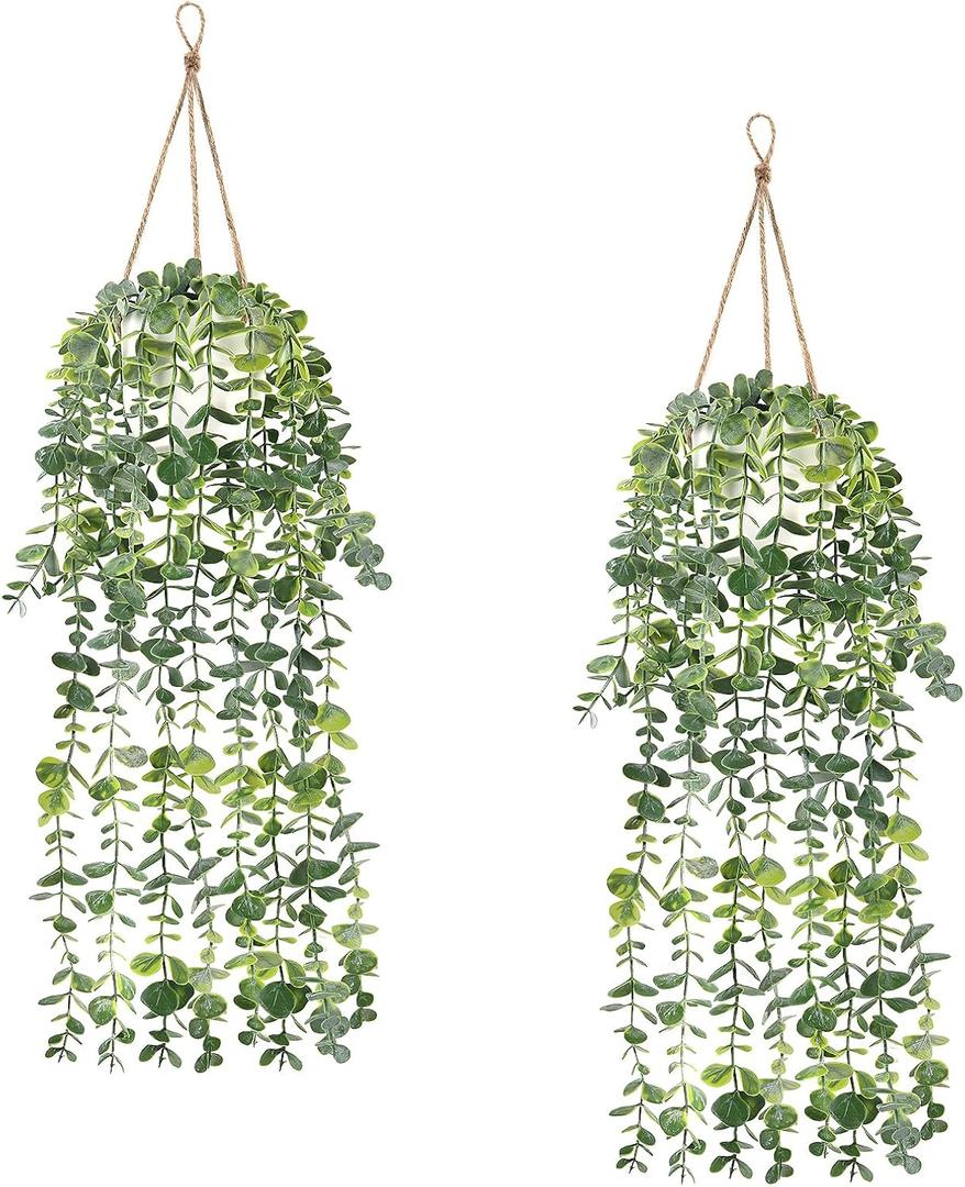 2 Pcs Fake Hanging Plants, Artificial Hanging Vines Plant, Faux Potted Eucalyptus Plants, Boho Home Decor for Indoor Outdoor, Wall Shelf Office Living Room Bedroom Bathroom Farmhouse Decorations