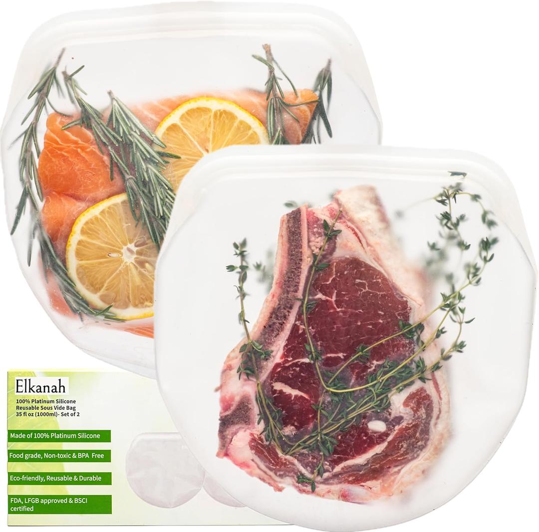Elkanah Quart Reusable Sous Vide Bags Silicone Sous Vide Reusable Bags|100% Platinum Food Grade Silicone|Medium 35 Fl Oz|Clear-Set of 2