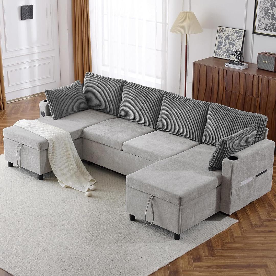 ERYE U-Shaped Pull Out Sleeper Couch Bed Symmetrical Sleeper Sectional Sofa Convertible Sofabed with Storage Chaises for Living Room, 113"