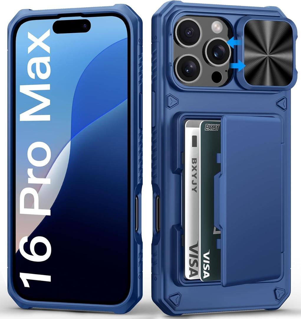 for iPhone 16 Pro Max Case with Card Holder (4-5 Cards), Slide Camera Cover & Military Grade Protection, Shockproof Heavy Duty Rugged Women Men Wallet Phone Case for iPhone 16 Promax, Blue