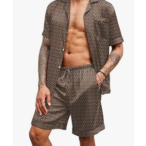 Ekouaer Mens Satin Pajamas Set Button-Down Short Sleeve Shirt Top Soft Silk Sleepwear Shorts with Pockets (Small, Geometric Yellow)