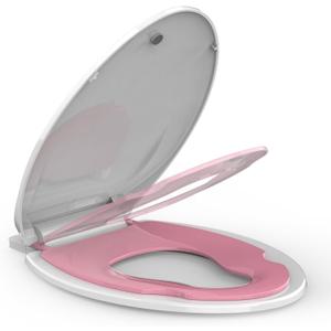 19" Elongated Pink Toilet Seat with Built-In Toddler Potty Training Seat, No Wiggle Design for Child and Adult, Easy to Install with Detachable Seat for Longtime Usage